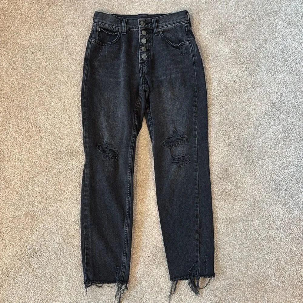 We The Free Black Button Fly High Rise Distressed Raw Hem Jeans Siz 24